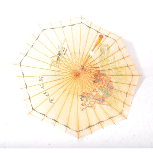 447 - Chinese vintage early 20th century summer oil paper parasol umbrella. Bamboo handle, spines and mech... 