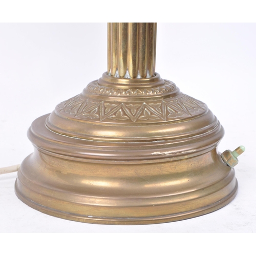 470 - Early 20th century Edwardian brass column lamp base with shade. Lamp with brass stepped plinth base ... 