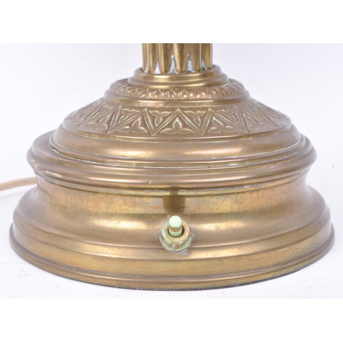 470 - Early 20th century Edwardian brass column lamp base with shade. Lamp with brass stepped plinth base ... 