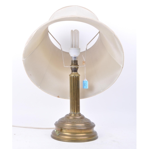 470 - Early 20th century Edwardian brass column lamp base with shade. Lamp with brass stepped plinth base ... 