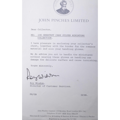 540 - John Pinches Ltd - 1975 limited set of The 100 Greatest Cars Silver Miniature Collection housed with... 