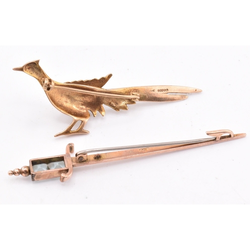 101 - Two 9ct gold brooch pins. A hallmarked 9ct gold brooch in the form of a pheasant hallmarked London 1... 