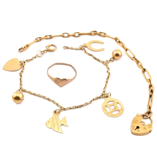 111 - A 9ct gold ring together with a yellow metal charm bracelet and a bracelet with a padlock clasp. The... 