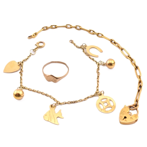 111 - A 9ct gold ring together with a yellow metal charm bracelet and a bracelet with a padlock clasp. The... 