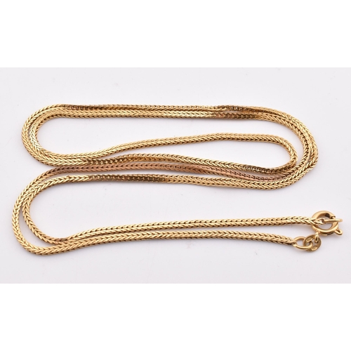 117 - A 18ct gold foxtail chain necklace. The 18ct yellow gold foxtail chain necklace having a spring ring... 