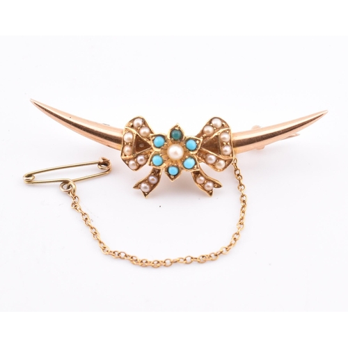 131 - A Victorian gold, turquoise and pearl crescent bow brooch pin. The Victorian gold crescent brooch pi... 