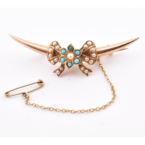 131 - A Victorian gold, turquoise and pearl crescent bow brooch pin. The Victorian gold crescent brooch pi... 