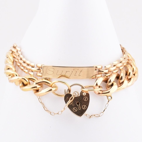 134 - A gold chain link bracelet with a hallmarked 9ct gold heart padlock clasp together and a 9ct gold na... 