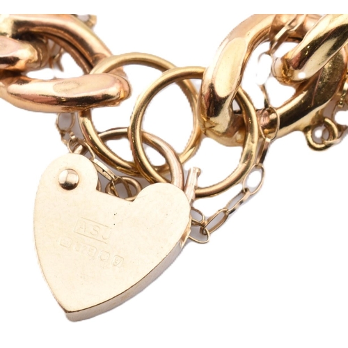 134 - A gold chain link bracelet with a hallmarked 9ct gold heart padlock clasp together and a 9ct gold na... 