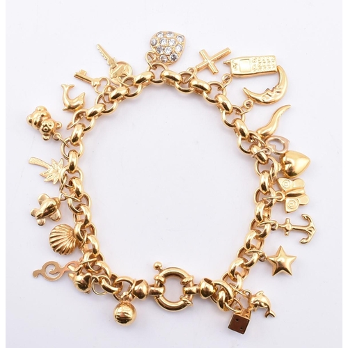 144 - A hallmarked 9ct gold charm bracelet. The 9ct yellow gold charm bracelet comprised of belcher link c... 