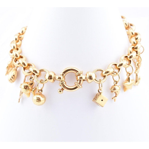 144 - A hallmarked 9ct gold charm bracelet. The 9ct yellow gold charm bracelet comprised of belcher link c... 