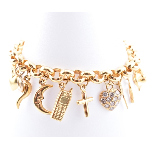 144 - A hallmarked 9ct gold charm bracelet. The 9ct yellow gold charm bracelet comprised of belcher link c... 