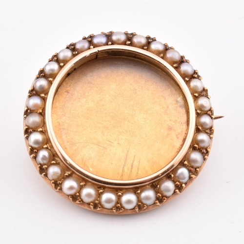 156 - Victorian gold and half pearl portrait locket brooch pin cased. Hinge pin and C clasp verso. Unmarke... 