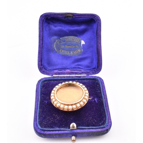 156 - Victorian gold and half pearl portrait locket brooch pin cased. Hinge pin and C clasp verso. Unmarke... 