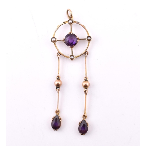 183 - An Edwardian 9ct gold amethyst and pearl necklace pendant. The antique gold necklace pendant having ... 