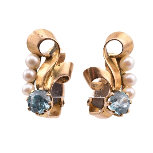 188 - A pair of 9ct gold, zircon and pearl earrings. The 9ct yellow gold clip earrings having a claw set r... 