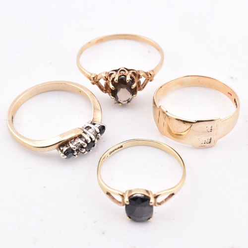 204 - Four hallmarked 9ct gold rings. The four rings to include a hallmarked 9ct gold sapphire and diamond... 