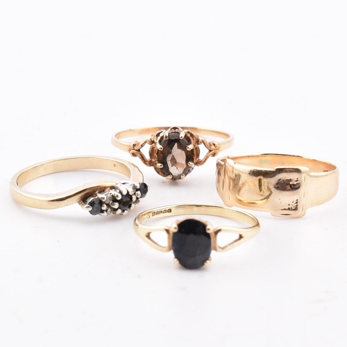 204 - Four hallmarked 9ct gold rings. The four rings to include a hallmarked 9ct gold sapphire and diamond... 