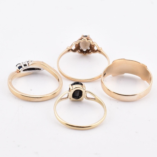 204 - Four hallmarked 9ct gold rings. The four rings to include a hallmarked 9ct gold sapphire and diamond... 