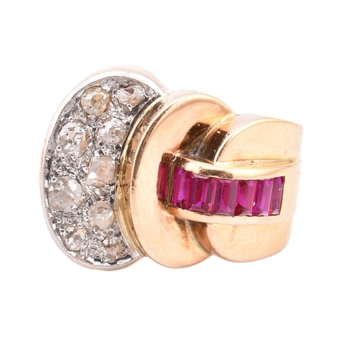 24 - A retro ruby and diamond ring circa 1940s. The ring having a terraced scalloped head set with calibr... 