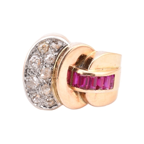 24 - A retro ruby and diamond ring circa 1940s. The ring having a terraced scalloped head set with calibr... 