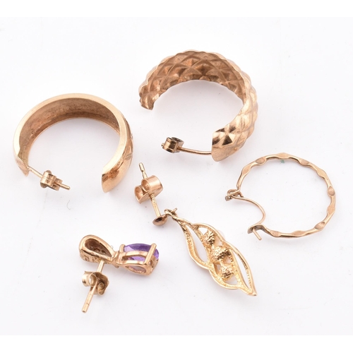 270 - Assorted 9ct gold and gem set earrings AF. The lot to include a 9ct gold textured hoop earring with ... 