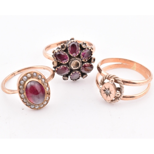 283 - Three 9ct rose gold and gem set rings. The rings to include a 9ct rose gold and star set diamond dou... 