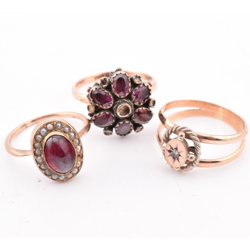 283 - Three 9ct rose gold and gem set rings. The rings to include a 9ct rose gold and star set diamond dou... 