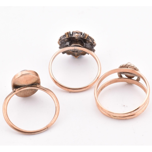 283 - Three 9ct rose gold and gem set rings. The rings to include a 9ct rose gold and star set diamond dou... 