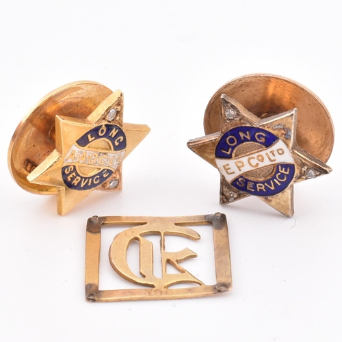 317 - Two 9ct gold, diamond and enamel long service pins having inscription for A E Hurley June 1926, toge... 