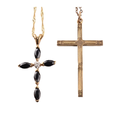 333 - A 9ct gold cross pendant necklace on a rolled gold chain together with a sapphire and diamond cross ... 