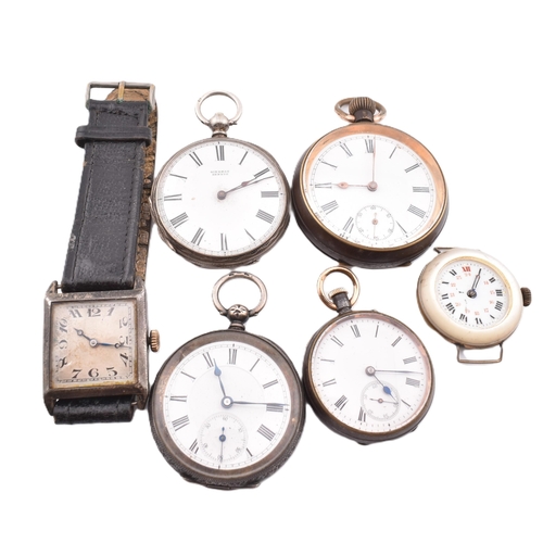 348 - Three silver watches and three others. The watches to include two silver pocket watches silver cased... 