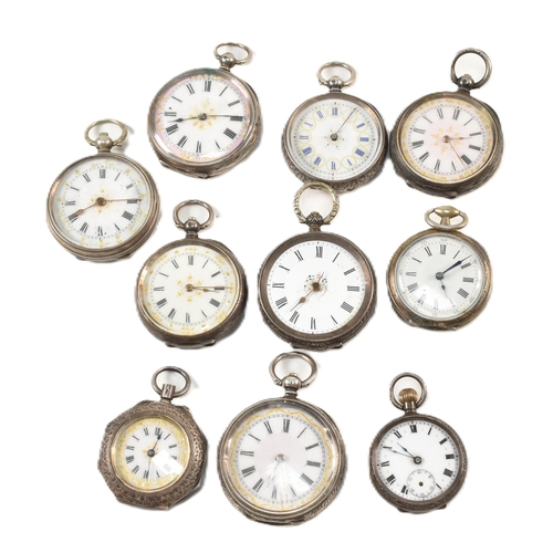 385 - Nine assorted early 20th-century silver fob watches and a plated fob watch. The watches all with Rom... 