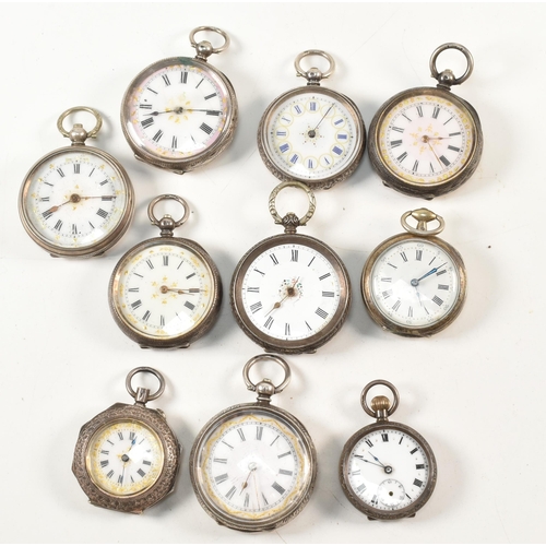 385 - Nine assorted early 20th-century silver fob watches and a plated fob watch. The watches all with Rom... 