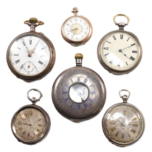 389 - Six silver pocket watches. The watches to include a Swiss made half under pocket watch hallmarked Lo... 