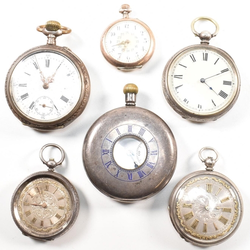 389 - Six silver pocket watches. The watches to include a Swiss made half under pocket watch hallmarked Lo... 