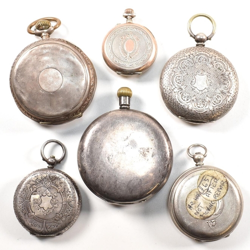 389 - Six silver pocket watches. The watches to include a Swiss made half under pocket watch hallmarked Lo... 