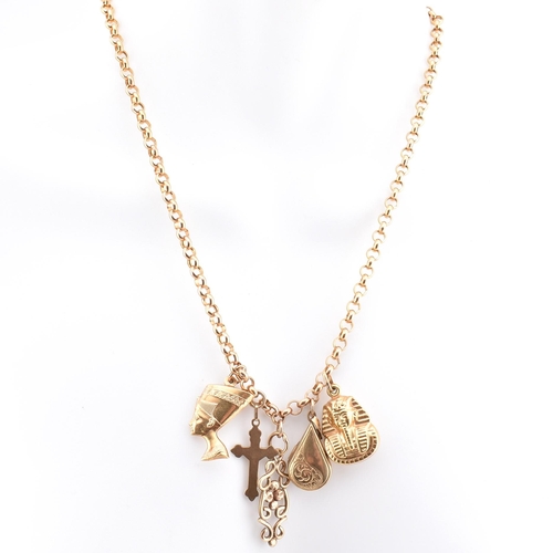 393 - A hallmarked 9ct gold pendant charm necklace. The yellow gold charm necklace adorned with charms to ... 