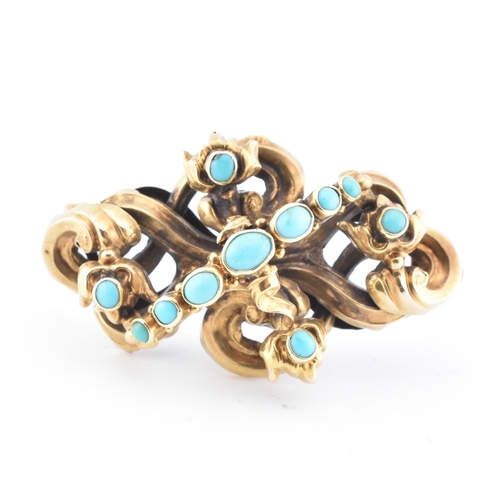 394 - A 19th century gold and turquoise mourning brooch pin. The yellow gold brooch pin of scrolling form ... 