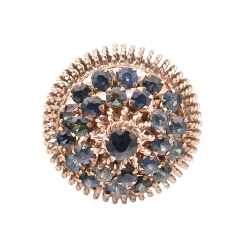 395 - 14ct gold and sapphire cluster ring. The 14ct gold ring having a central claw set round cut sapphire... 