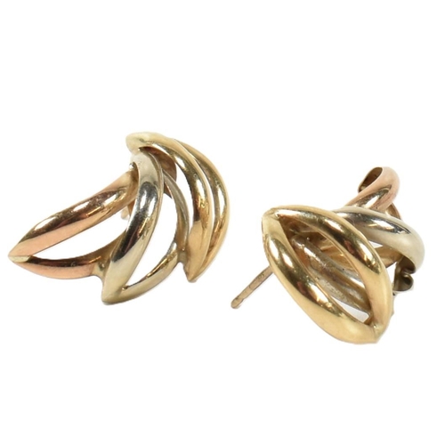 402 - A pair of hallmarked 9ct tri-colour gold wreath earrings. The stud earrings having a laurel wreath d... 