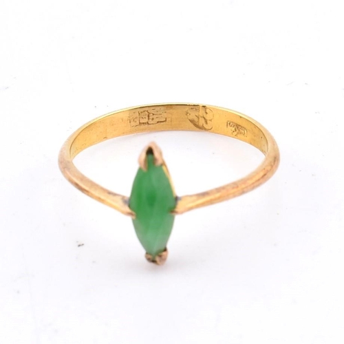 407 - A Chinese 22ct gold and jade ring. The 22ct yellow gold ring set with a single fancy cut jade to pol... 