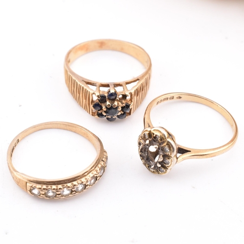 414 - Three hallmarked 9ct gold and gem set rings AF. The rings to include a 1970s hallmarked 9ct gold and... 