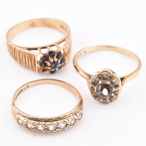 414 - Three hallmarked 9ct gold and gem set rings AF. The rings to include a 1970s hallmarked 9ct gold and... 