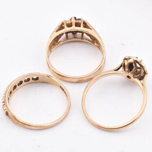 414 - Three hallmarked 9ct gold and gem set rings AF. The rings to include a 1970s hallmarked 9ct gold and... 