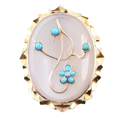 48 - A 19th-century gold, chalcedony and turquoise brooch pin. The antique brooch pin having an oval chal... 