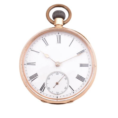 54 - 14ct gold Omega open face pocket watch. The watch having a white enamelled dial with Roman numerals ... 