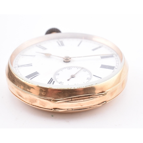 54 - 14ct gold Omega open face pocket watch. The watch having a white enamelled dial with Roman numerals ... 