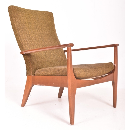 121 - Parker Knoll - a vintage mid century teak wood framed upholstered armchair. The chair featuring gree... 
