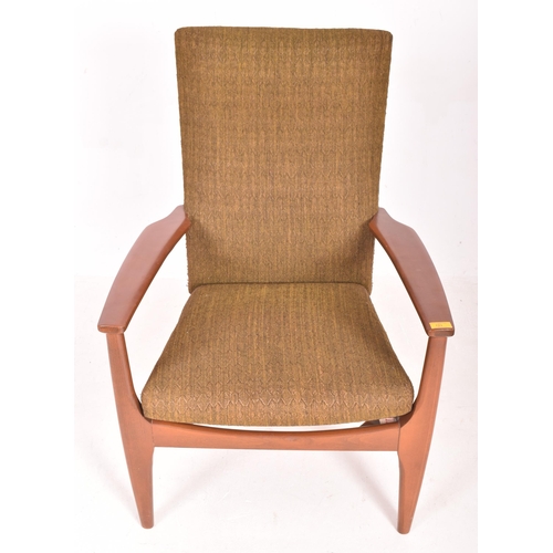 121 - Parker Knoll - a vintage mid century teak wood framed upholstered armchair. The chair featuring gree... 